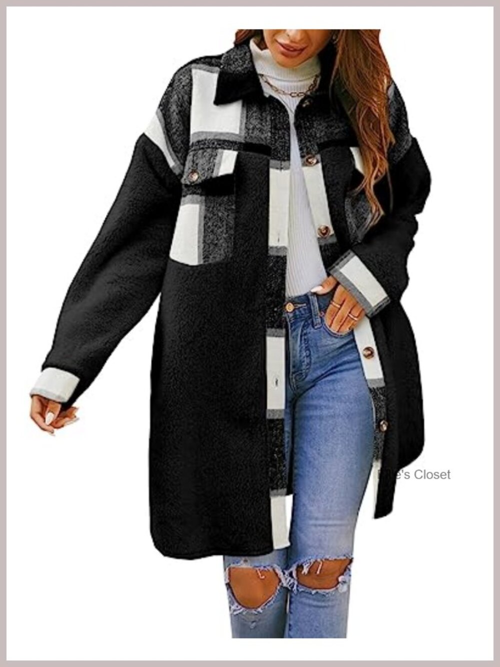 Women's Fuzzy Fleece Shacket Jacket Plaid Lapel Button Down Flannel Long Sleeve